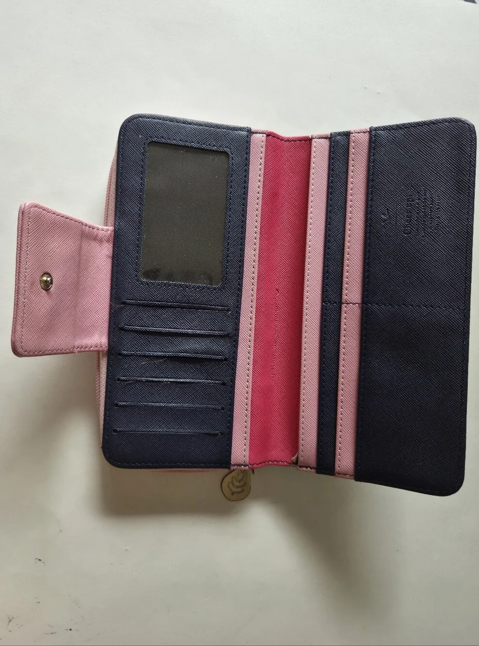 Shinzi Katoh Womans Wallet Pink Navy Blue Colorblock Zipper Compartments